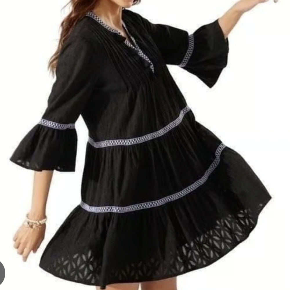 Pre-owned Tommy Bahama Jacquard Black Tunic with White Embroidery - Picture 1 of 4